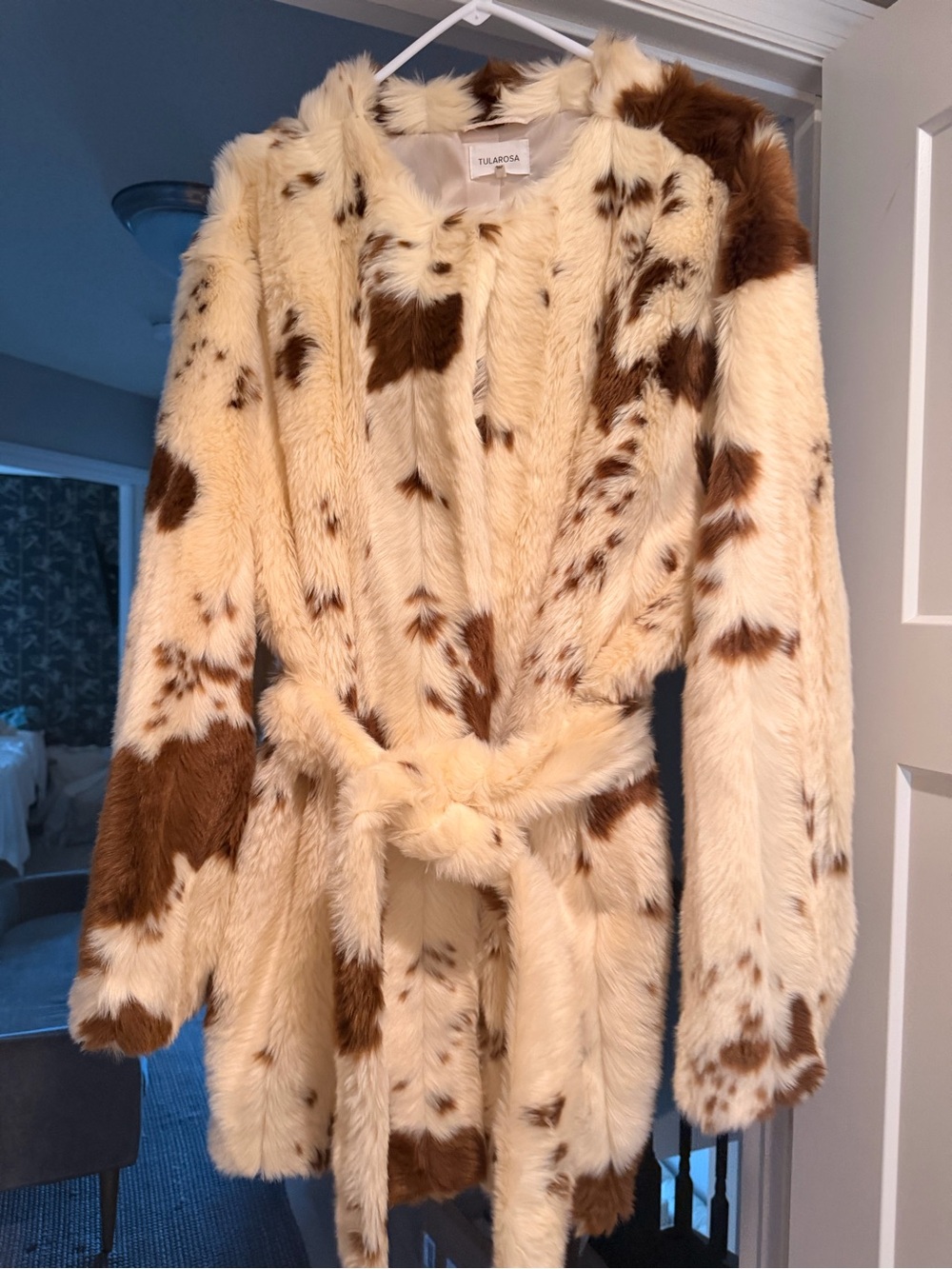 Tularosa Cream and Brown Spotted Faux-Fur Belted Jacket